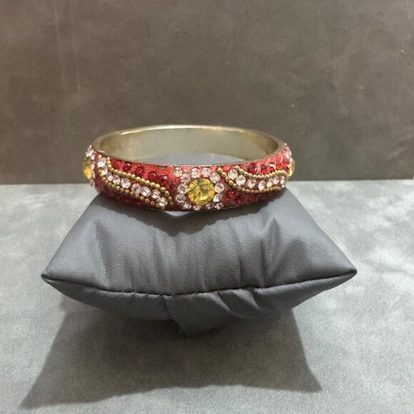 Vintage Crystal Rhinestone Bangle Bracelet Red Yellow Gold Accents Elegant Style - Picture 1 of 5